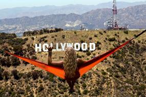 Girl on Hammock in front of Hollywood hills, collage