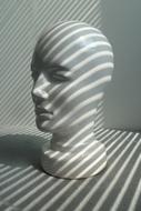 mannequin head, shade from blinds