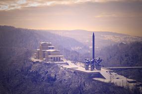 Beautiful, snowy landscape with the architecture on the mountains in Bulgaria, in the winter