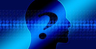 Profile portrait of the head in blue and black colors, with the question mark and binary code, clipart