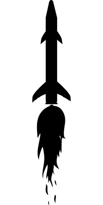 Black silhouette of the Missile rocket, with the flame, at white background, clipart