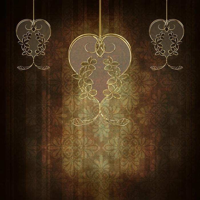 Shiny, hanging, gold hearts with patterns, at old background with shapes, clipart