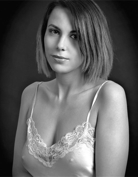 monochrome photo of a girl in a lace nightie