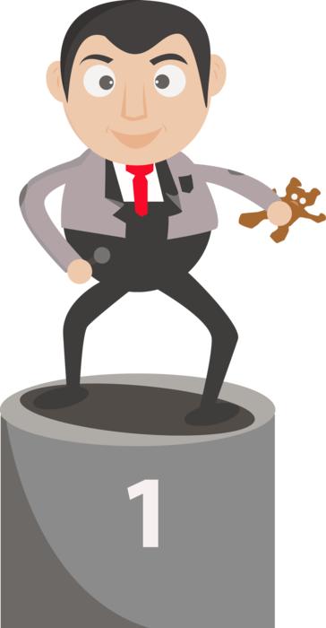 Figure of the man, with the cute toy, on the grey stand with number 'one', clipart