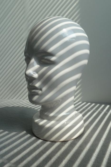 mannequin head, shade from blinds