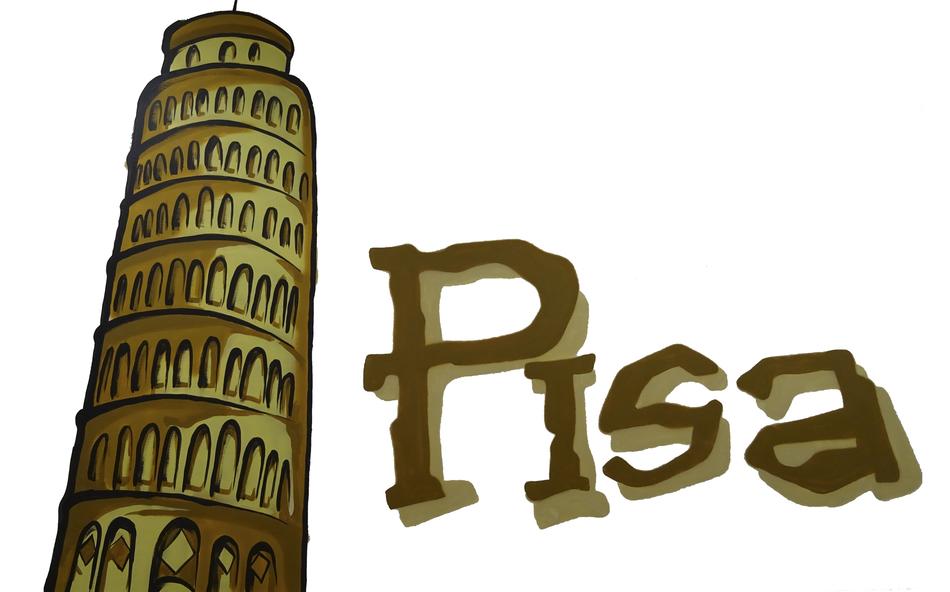 Brown drawing of the Pisa Tower and 'Pisa' sign, of different shades, at white background, clipart