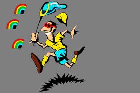 cartoon funny man chasing rainbows