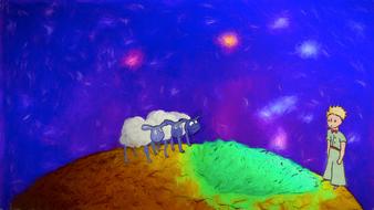 Colorful drawing with the Little prince, on the planet, near the cute sheeps, among the colorful space, clipart