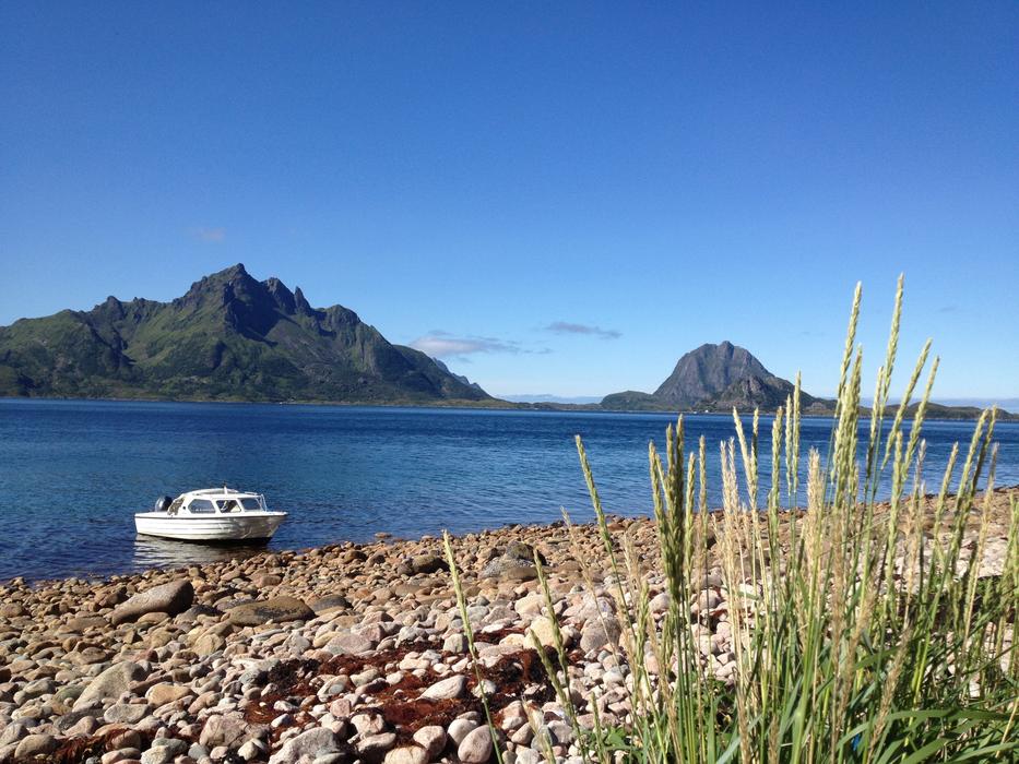 blue lake with grass by the beach