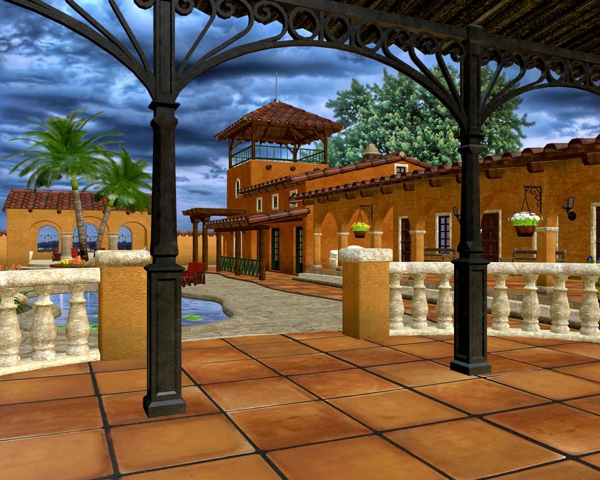 3d model of the Spanish house with plants and water, under the sky with dark clouds, clipart