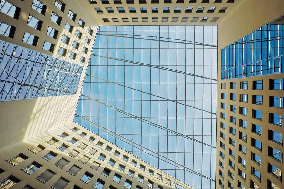 Low angle shot of the architecture with windows, with sunlight, in DÃ¼sseldorf, Germany