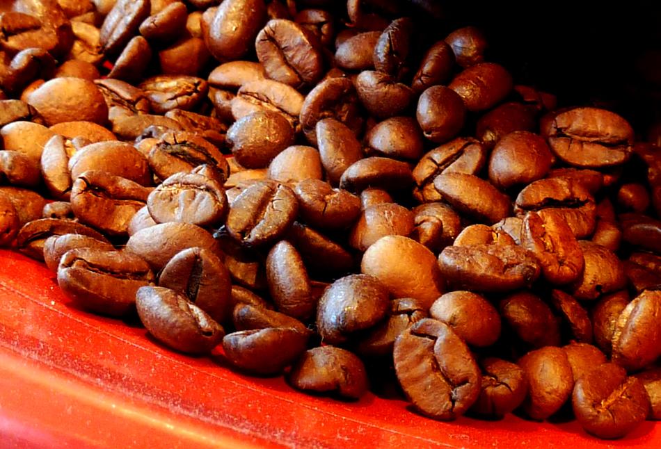 Coffee roasted beans in a red plate