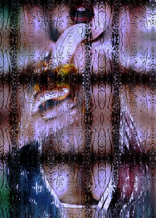 Girl with banana against a background of water drops
