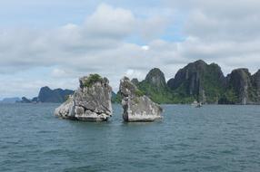 Beautiful landscape with the rocks and mountains at Halongbay in Vietnam, under the blue sky with clouds