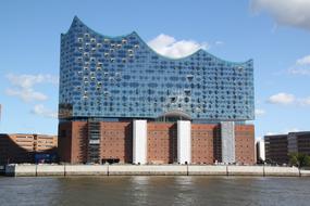 Elbe Philharmonic Hall on the coast in Hamburg, Germany, under the blue sky with clouds