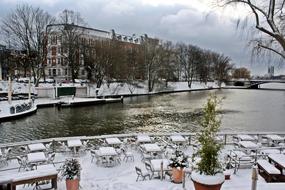 Street Cafe and Alster Mill Pond at winter