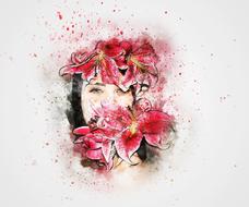 watercolor drawing of a girl in colors with paint splashes