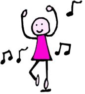 Smiling, dancing girl in pink dress, among the music notes, at white background, clipart