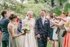 people crowd and couple wedding bride