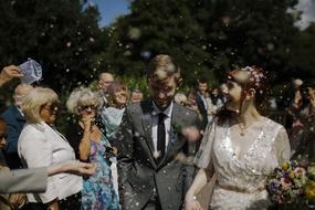 happy wedding in blurred background