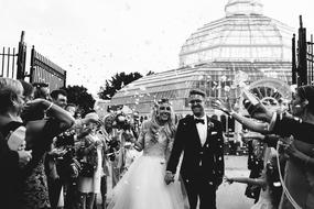 happy wedding in blurred black and white background