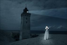 Woman with light, near the beautiful lighthouse, among the darkness, with the light, on the landscape, clipart