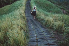 Back view of the girl in hat, walking on the beautiful stone path, among the green and yellow grass