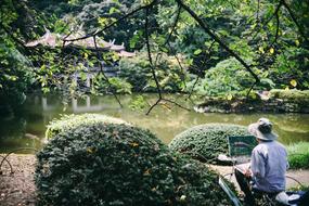 Man in hat, sitting in the beautiful garden with the green plants, with the plants