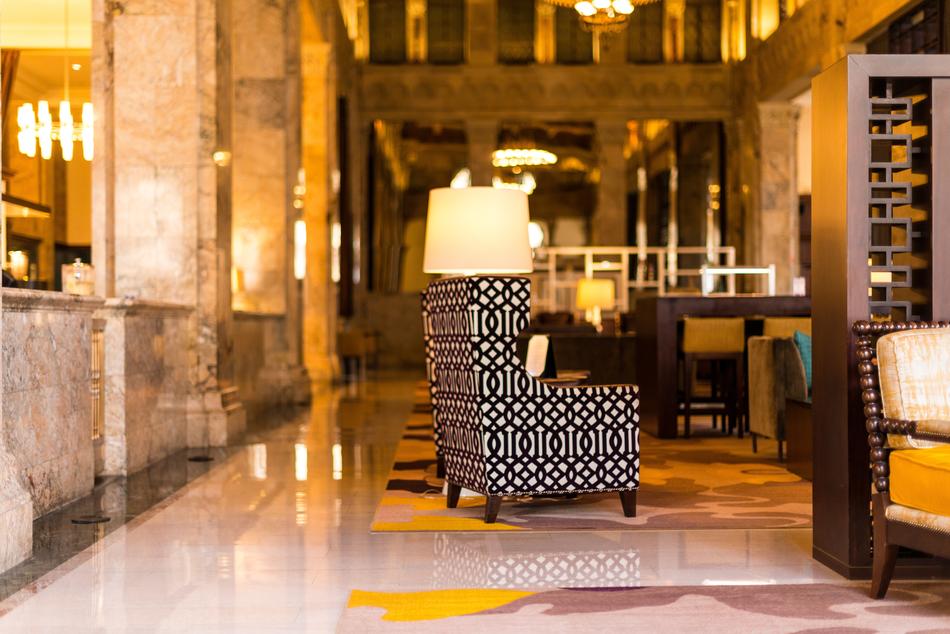 Colorful interior of the hotel lobby with furniture and lights