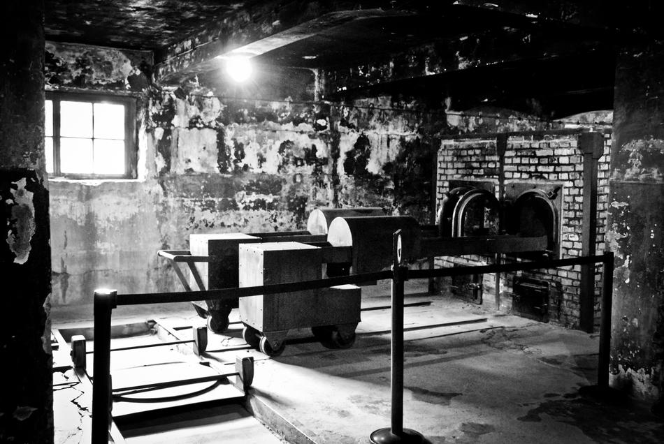 black and white photo of the crematorium in Auschwitz