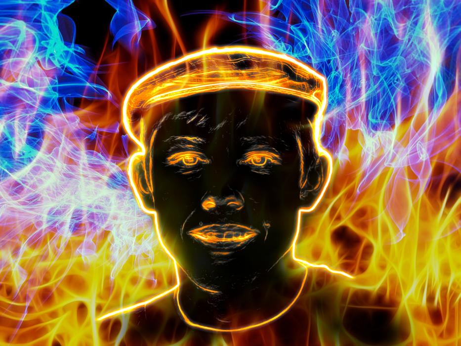 man portrait face flame fire heat drawing