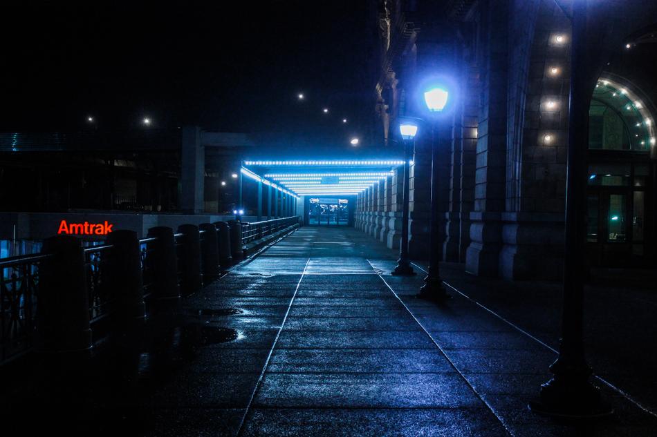 Landscape with the hallway with lights, at the night