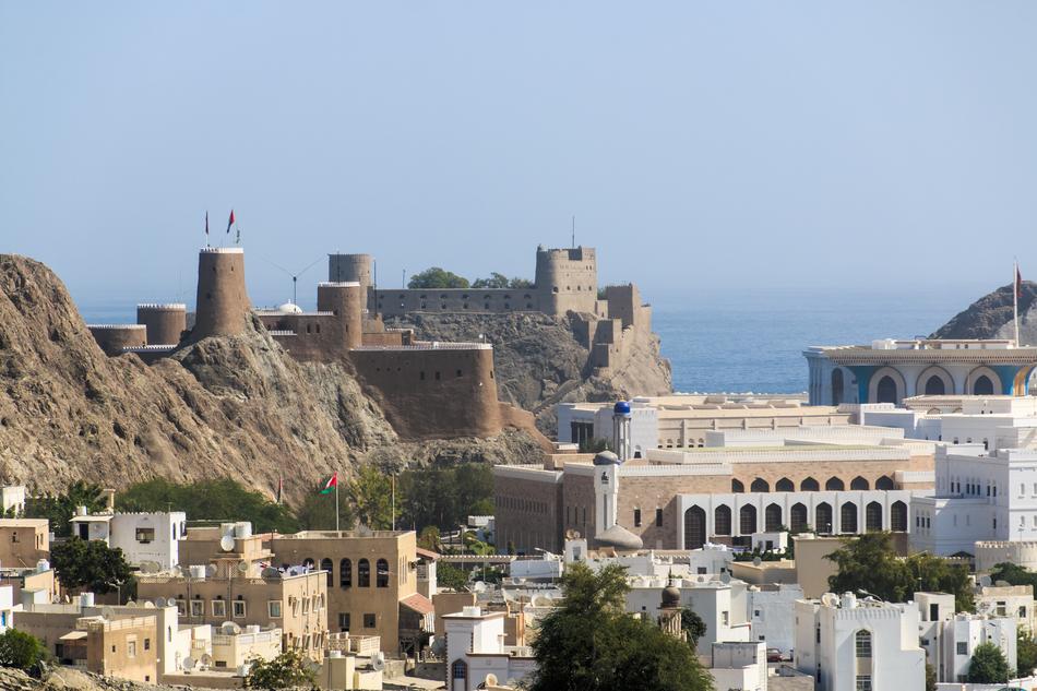 ancient fortifications in city on seaside, Oman, Muscat