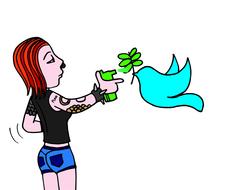 cartoon cool girl painting peace dove with spray paint