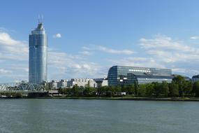 panorama of buildings on the banks of the Danube river, Vienna, Austria