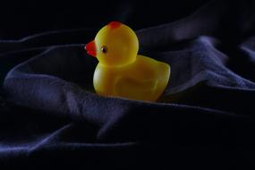 yellow rubber duck on dark fabric