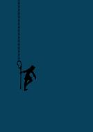 black silhouette of a clown on a chain on a blue background