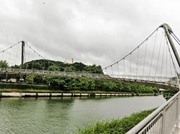 Landscape with the suspension bridge above the Danube, among the green plants, in Kelheim, Bavaria, Germany