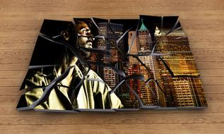 Broken image, with the profile portrait of the man, in the city, with the colorful lights, on the wooden surface, clipart