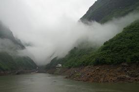 Misty Mountain near Three Gorges Dam over Yangtze River, China, Yichang