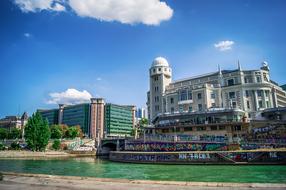 Urania buildings near the Danube river in Vienna, Austria, under the blue sky with white clouds
