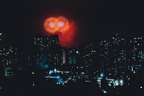 Cityscape of the city, with colorful lights and fireworks and buildings, at the night