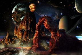 Colorful landscape with the rocks, and colorful planets in the space, clipart