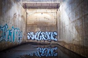 Interior of the old building with water, and graffities on the walls, in light