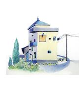 watercolor hand painted of the house scenery