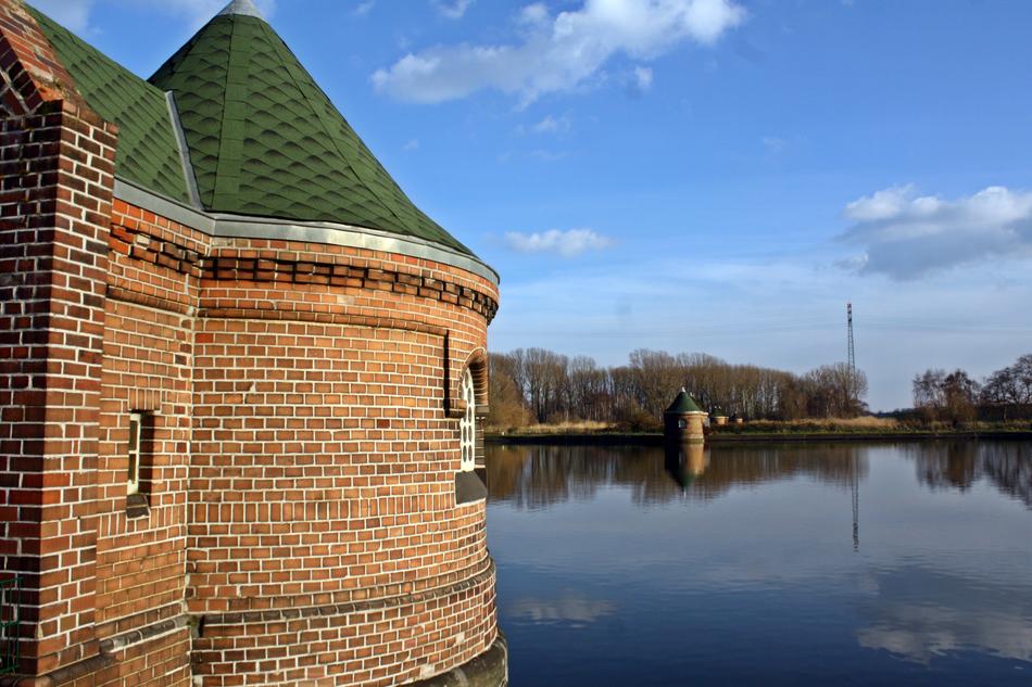 Beautiful museum near the water storage, among the trees in Rothenburgsort, Hamburg, Germany