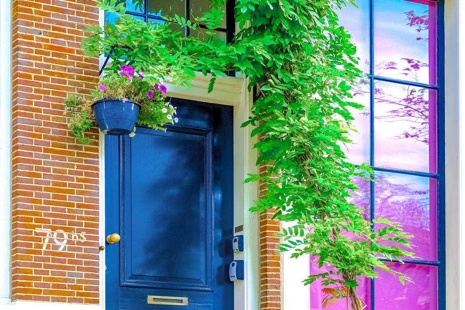 Colorful entrance of the brick house with plants and glass, in Amsterdam, Netherlands