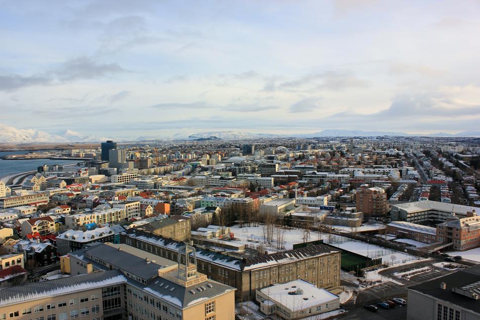 Beautiful cityscape of Reykjavik, Iceland with the roofs in snow