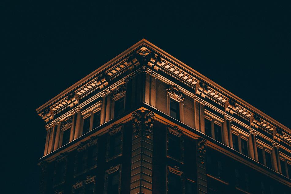 Building with colorful lights and windows, at the night