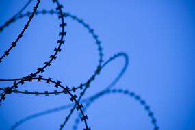 Close-up of the barbed wire with silhouettes, at blue background